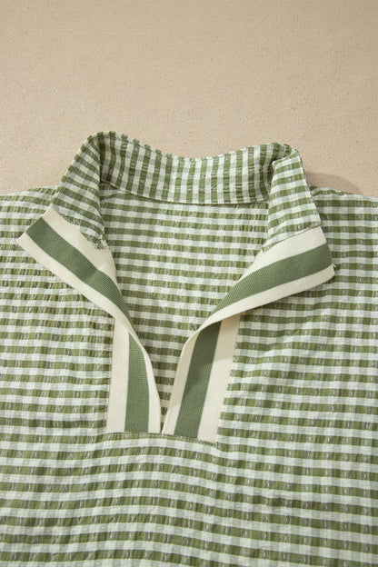 Gingham Plaid Colorblock Trim Split Neck Blouse