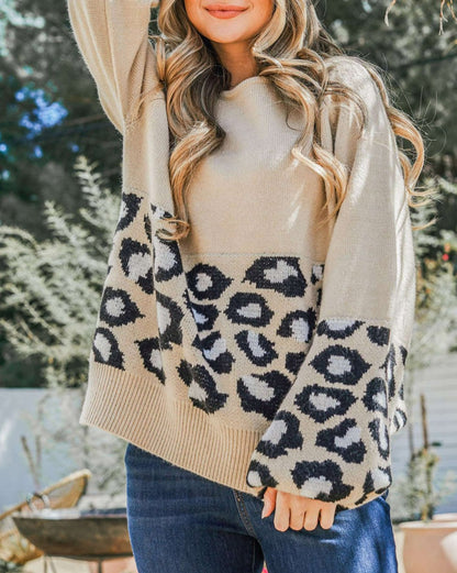 Leopard Colorblock Puff Sleeve Sweater