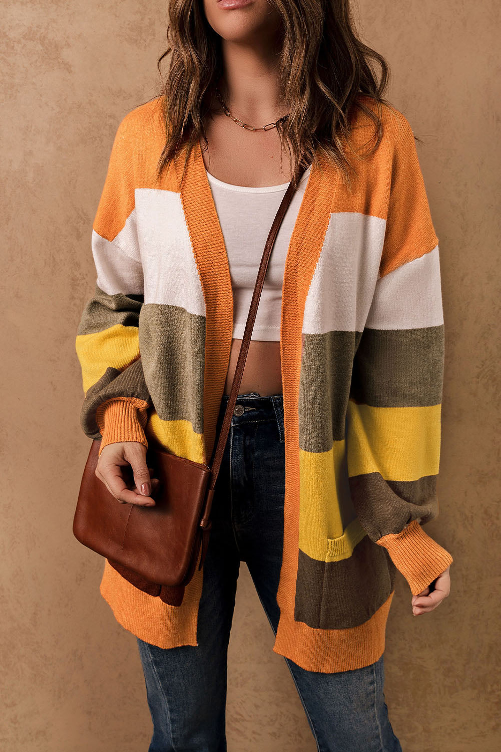 Colorblock Open Front Pocketed Cardigan