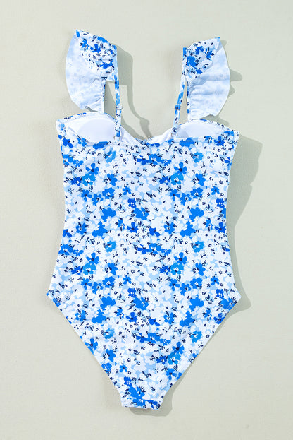 Floral Ruffle Strap Lace-Up One Piece Swimsuit