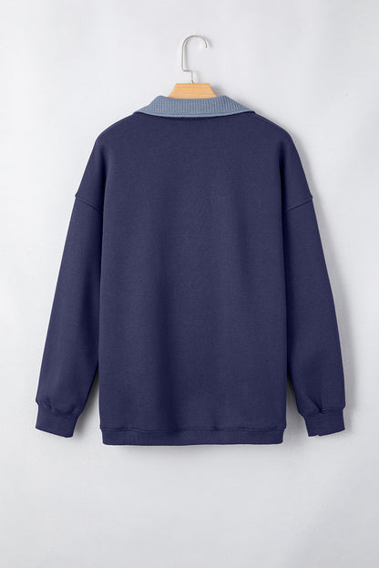 Waffle Knit Contrast Collar Half Buttoned Sweatshirt