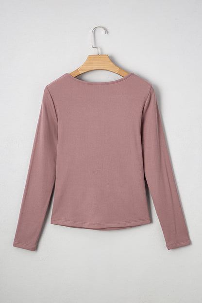 Gathered Bust Square Neck Ribbed Long Sleeve Top