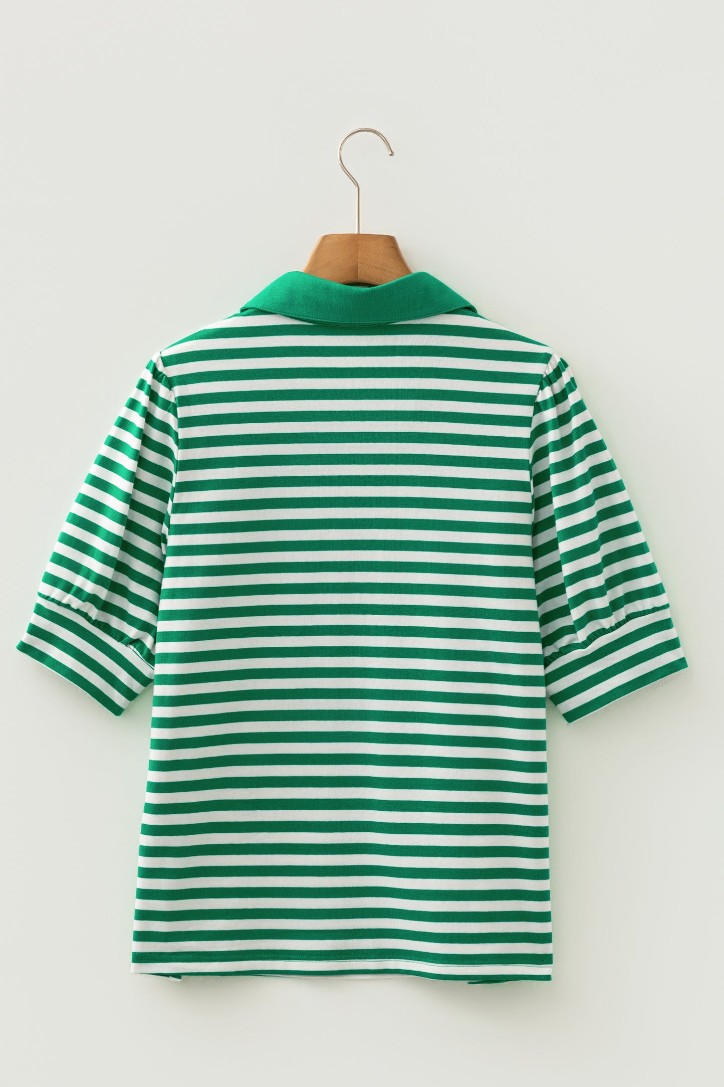 Stripe Collared V-Neck Short Puff Sleeve Top