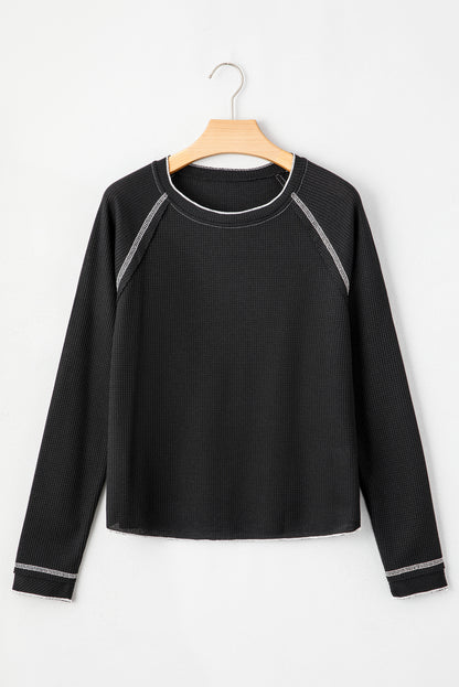 Solid Waffle Knit Round Neck Long Sleeve Top
