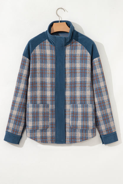 Plaid Corduroy Patchwork Zip-Up Snap-Button Jacket