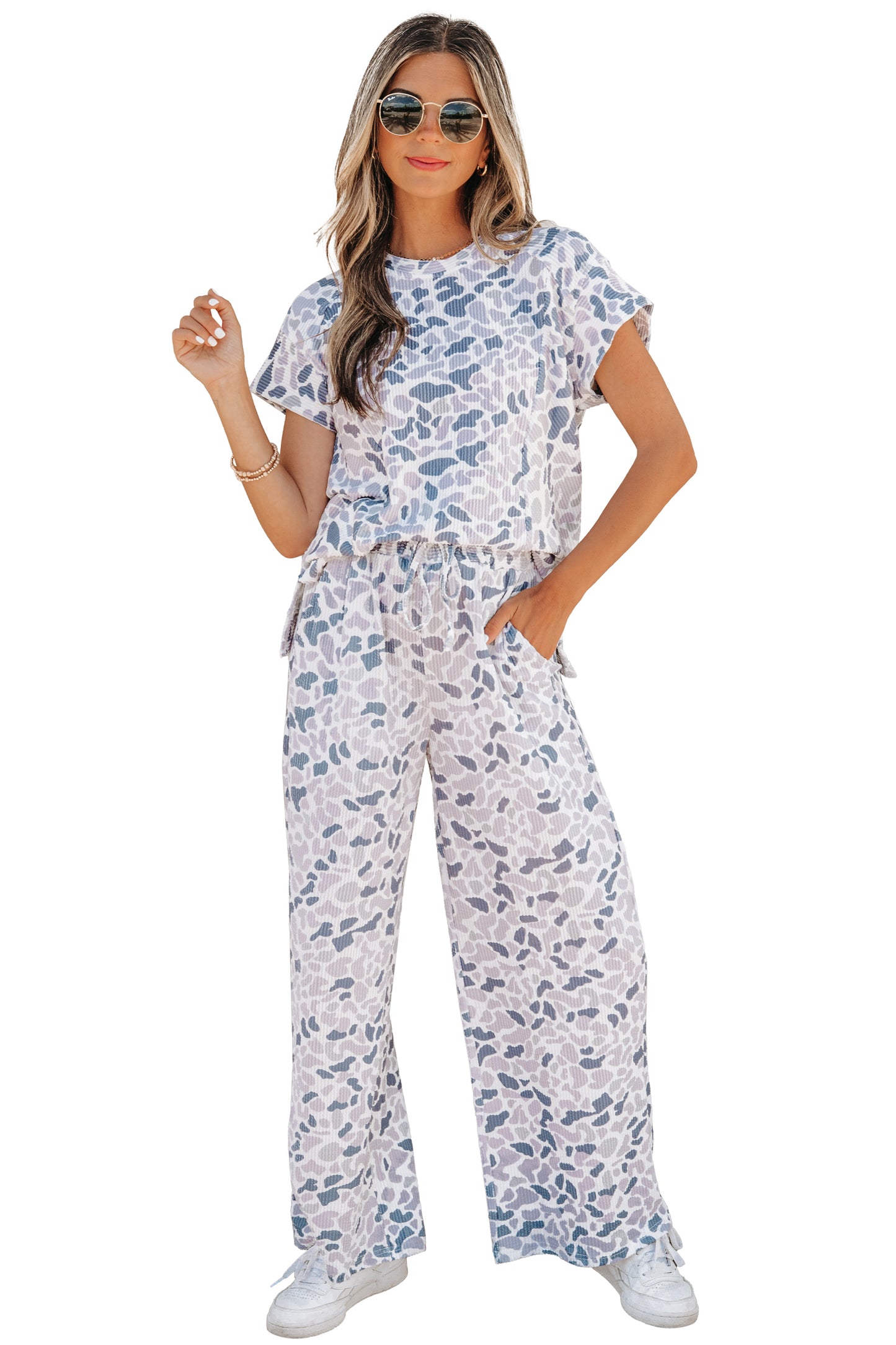 Camo Corded Knit Tee & Drawstring Pants Set