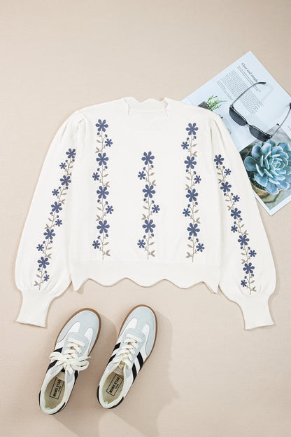 Floral Embroidered Scallop Hem Sweater