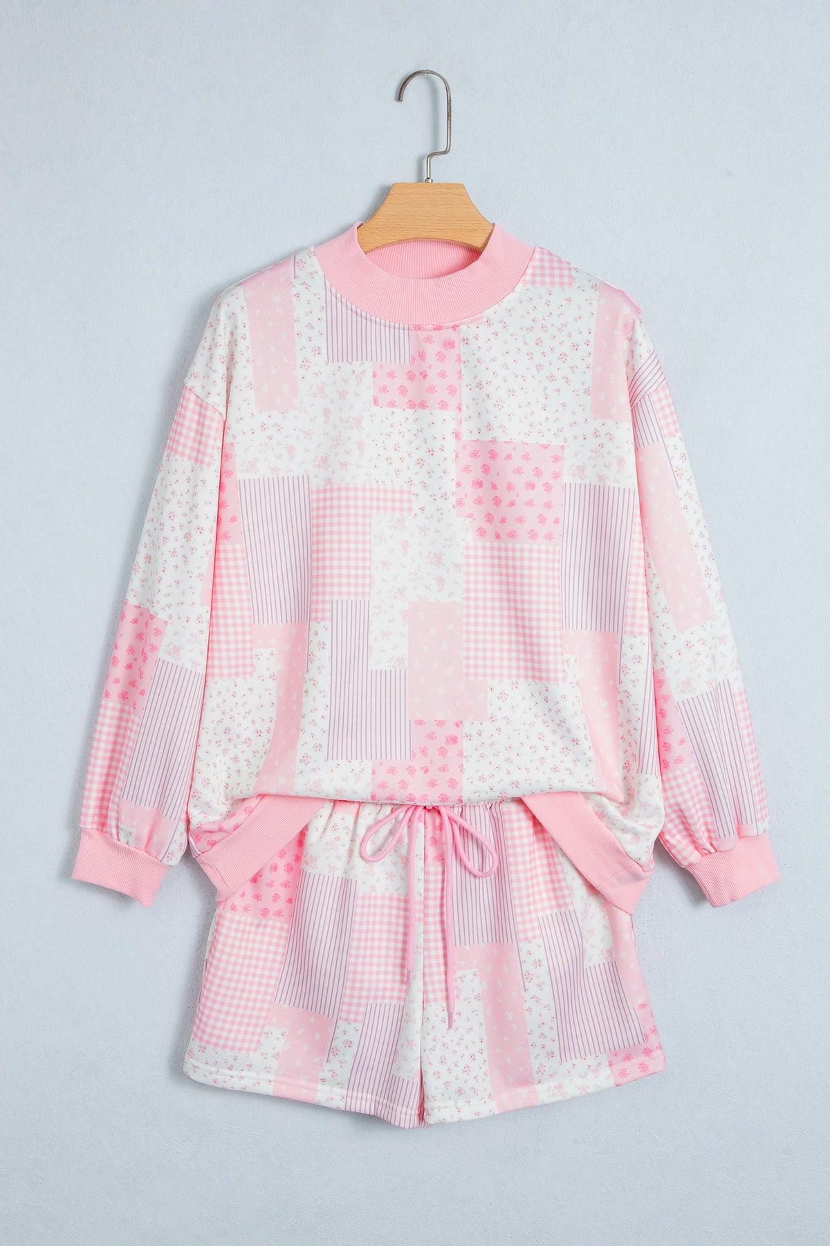Floral Patchwork Sweatshirt & Drawstring Shorts Set