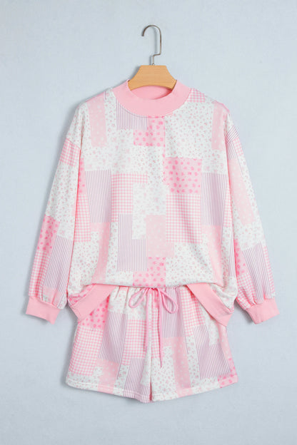 Floral Patchwork Sweatshirt & Drawstring Shorts Set