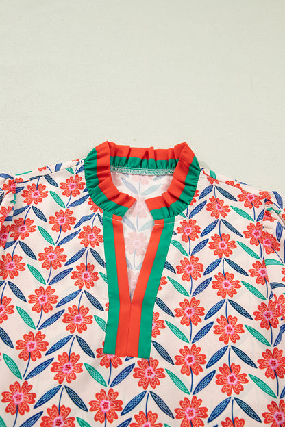 Floral Stripe Detail V-Neck Ruffle Sleeve Blouse