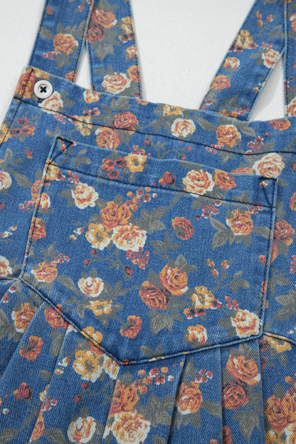 Floral Denim Pleated Wide Leg Jumpsuit