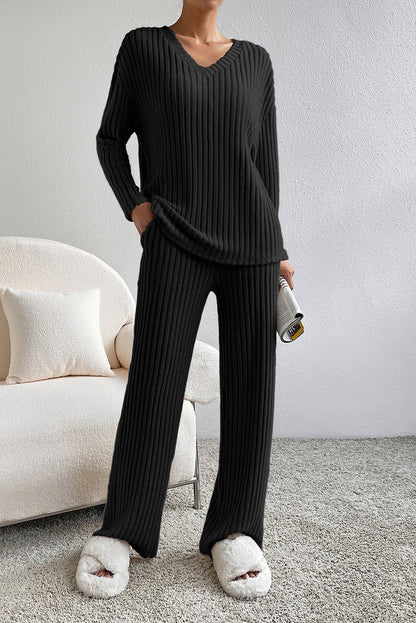 Ribbed V-Neck Top and Pants Set