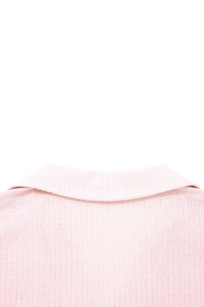 Solid Ribbed Knit Collared V-Neck Tee