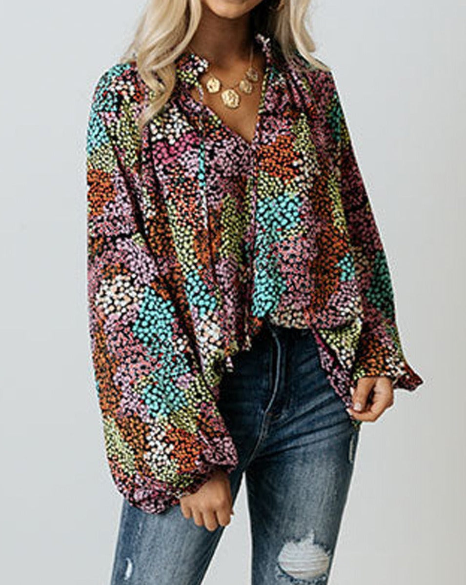 Floral V-Neck Puff Sleeve Blouse