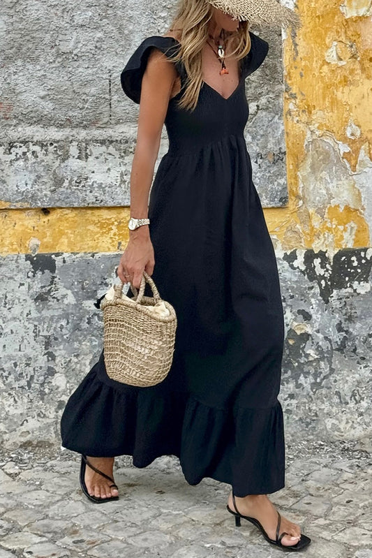 Solid Ruffle Sleeve Maxi Dress