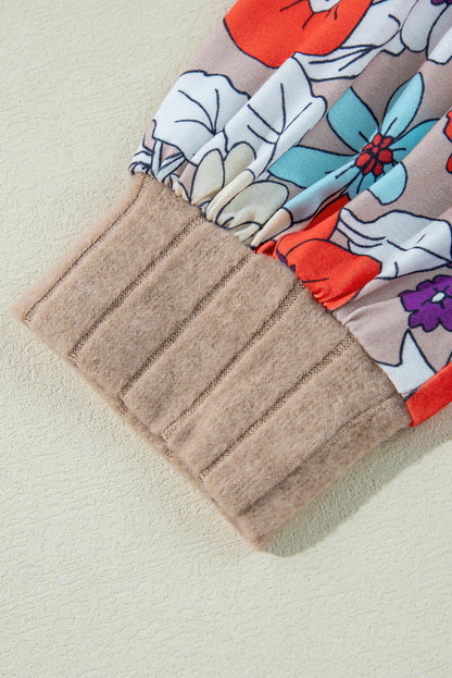 Floral Ribbed Patchwork Long Sleeve Blouse