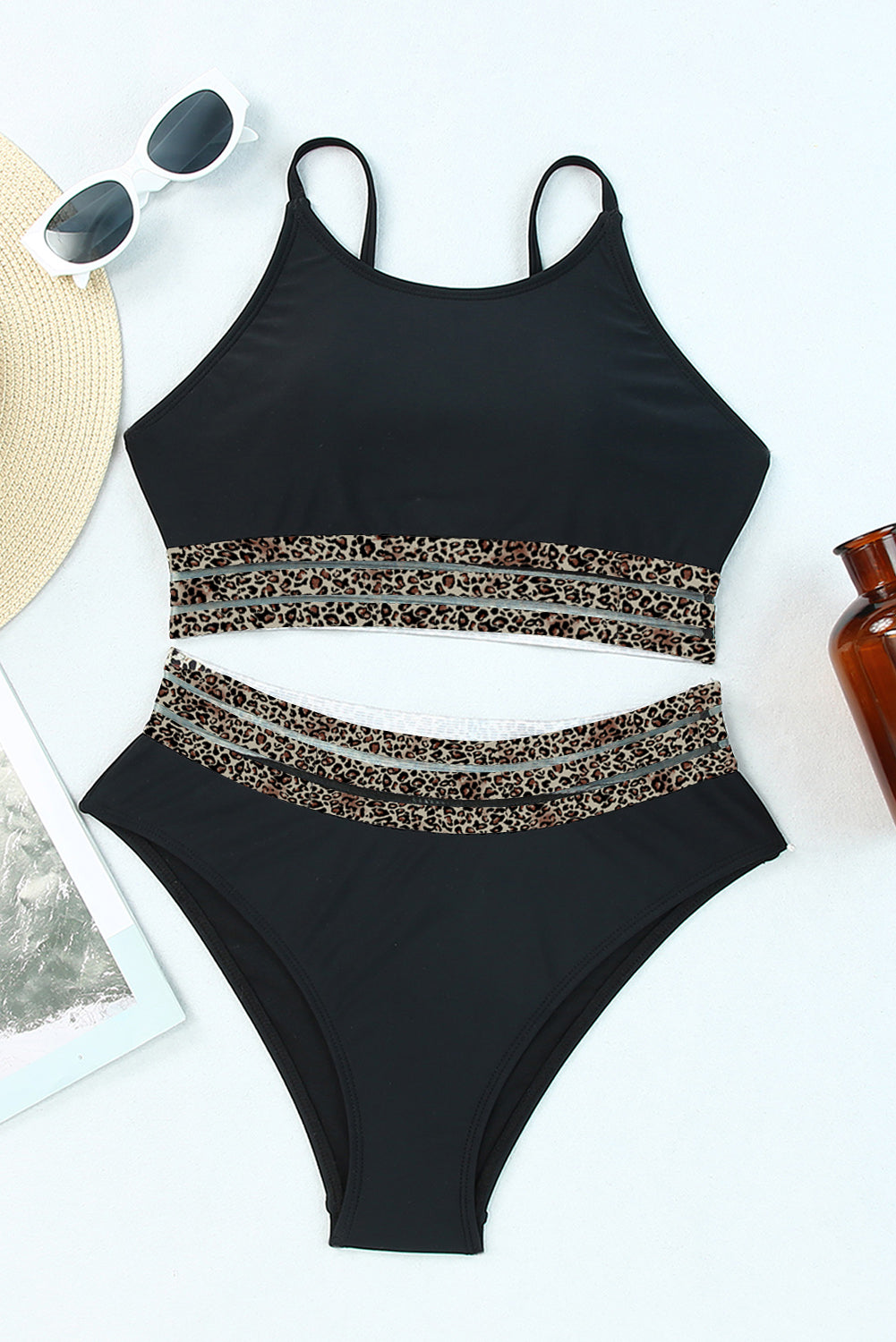 Leopard Mesh Trim Swimsuit