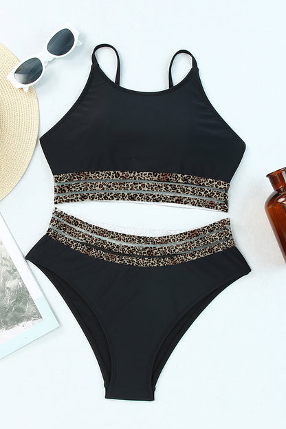 Leopard Mesh Trim Swimsuit