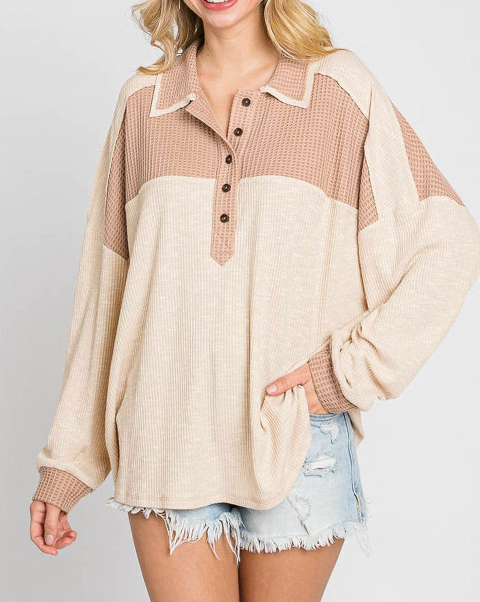 Waffle Colorblock Collared Oversized Top