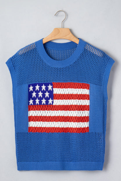 USA Flag Crochet Short Sleeve Sweater Top