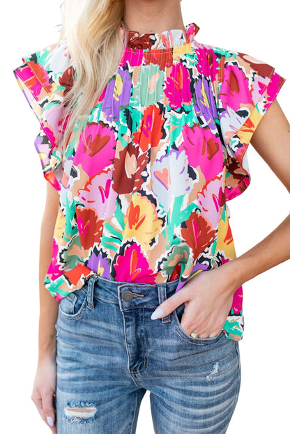 Abstract Floral Frilled Neck Blouse