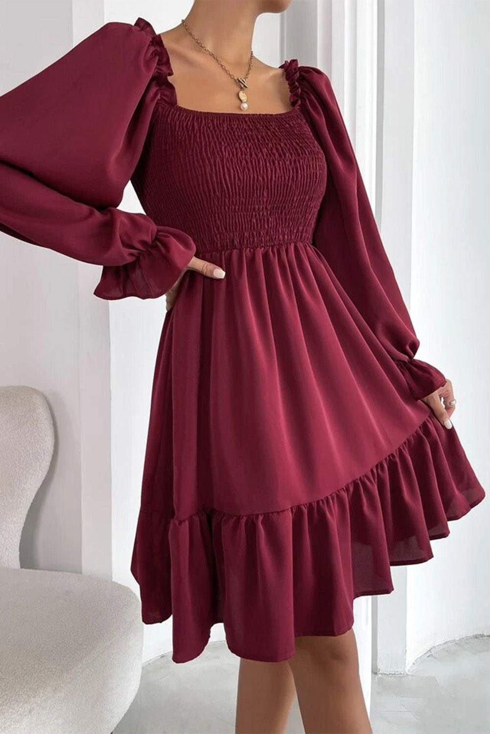 Smocked Ruffle Puff Sleeve Dress