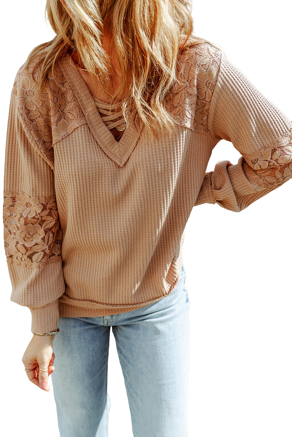 Lace Waffle Patchwork Long Sleeve Top