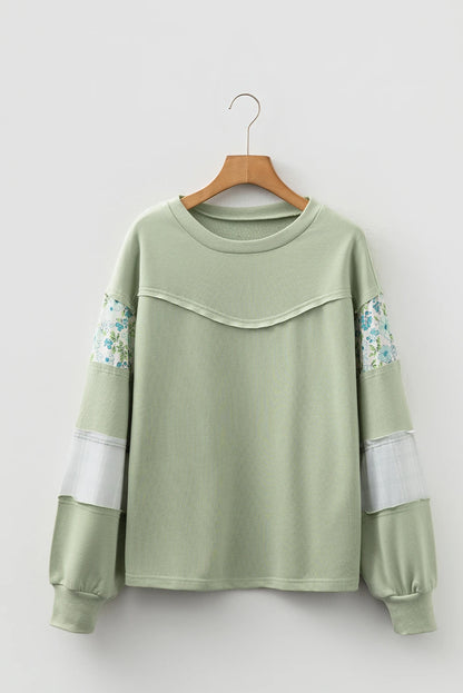 Floral Plaid Patchwork Sleeve French Terry Top