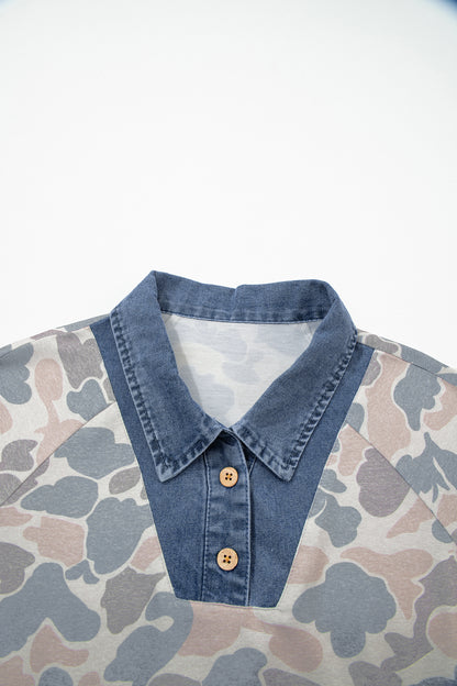 Camo Denim Patchwork Polo Collar Tee