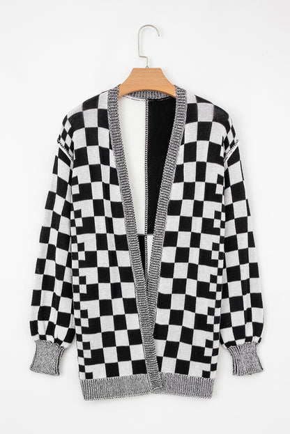 Checker Open Front Drop Shoulder Cardigan