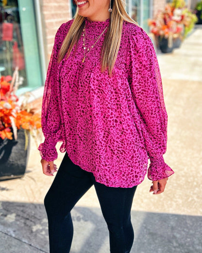 Leopard Puff Sleeve Flowy Blouse