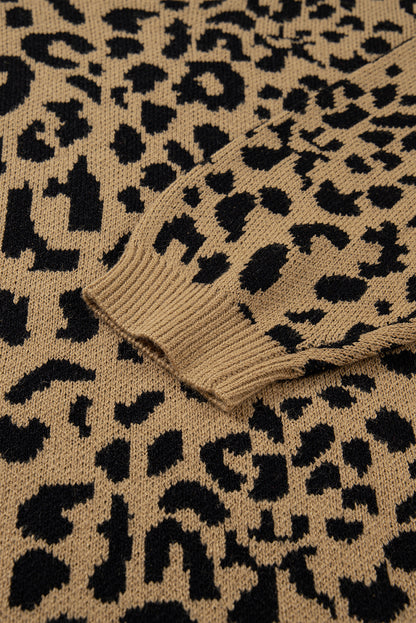 Leopard Ribbed Trim Crewneck Drop Shoulder Sweater