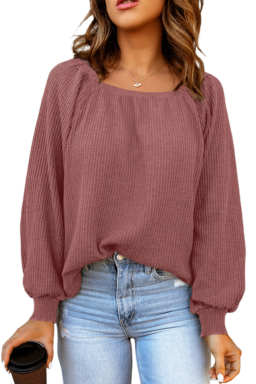 Waffle Square Neck Puff Sleeve Top