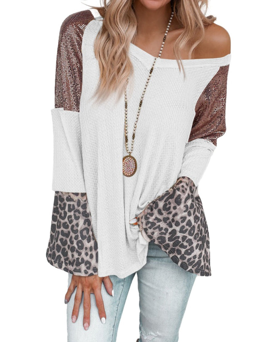 Patchwork Leopard Sequin Waffle Top