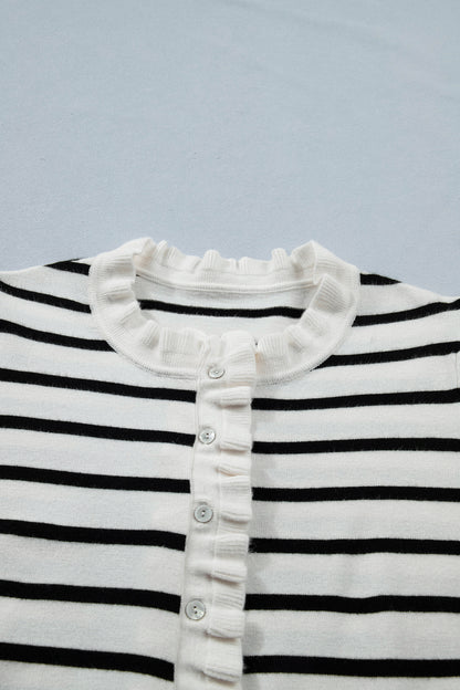 Stripe Ruffle Knit Short Sleeve Buttoned Cardigan