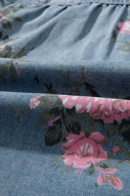 Floral Denim 3/4 Sleeve Buttoned Shirt
