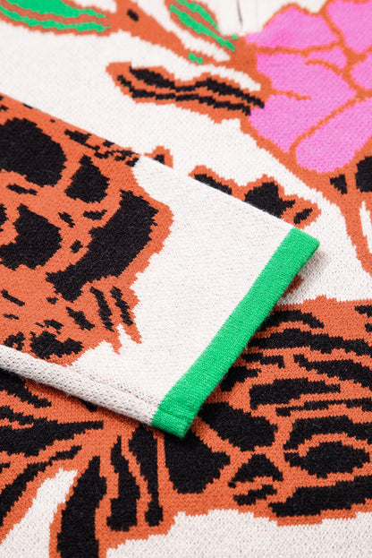 Floral Knit Quarter-Zip Long Sleeve Sweater