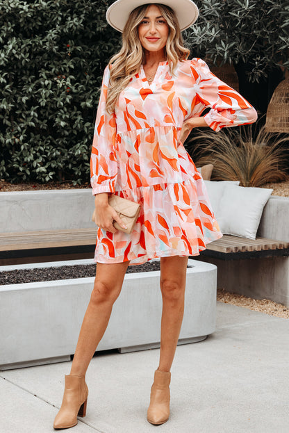 Abstract Split Neck Long Sleeve Dress