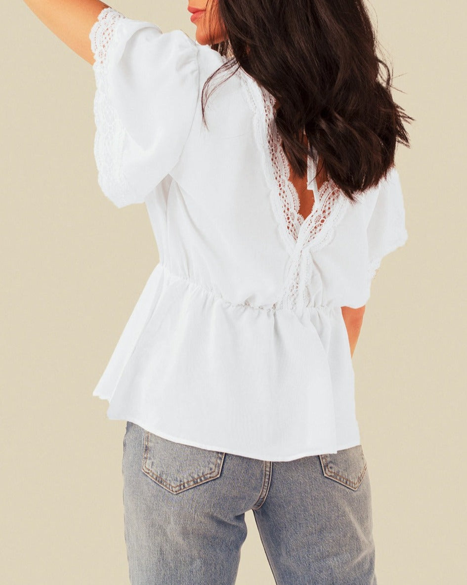 Lace Trimmed Short Sleeve Blouse