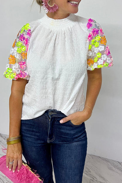 Sequin Floral Puff Sleeve Top