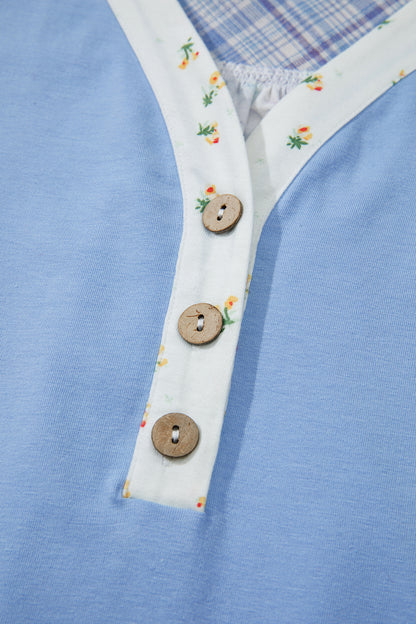 Colorblock Plaid Patchwork Bubble Sleeve Blouse