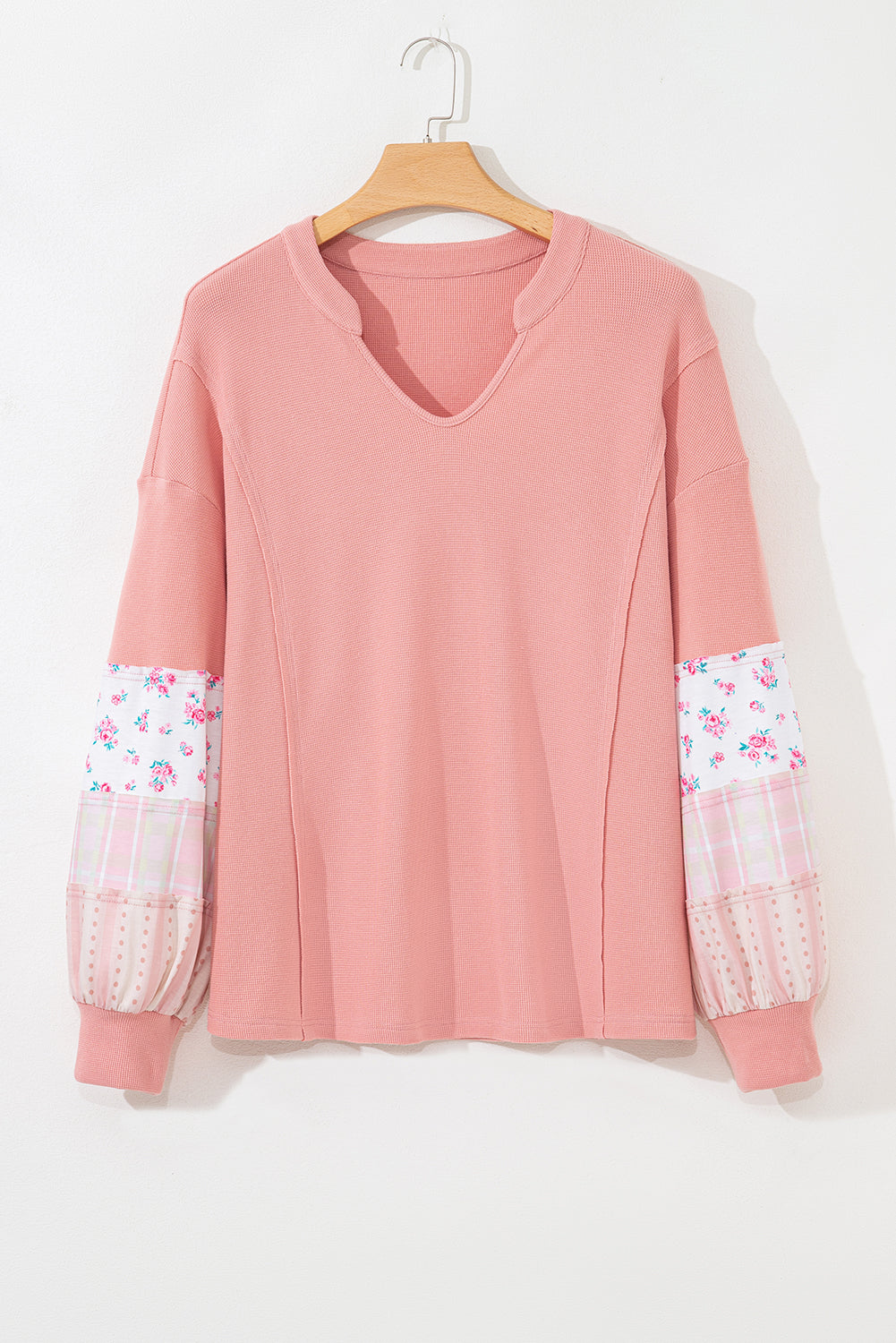 Plus Size Floral Patchwork Sleeve Waffle Knit Top