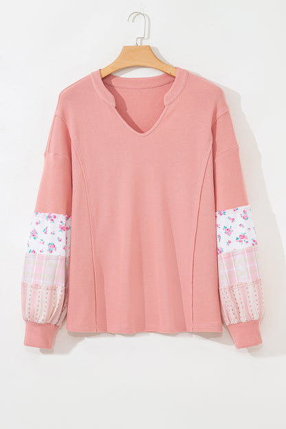 Plus Size Floral Patchwork Sleeve Waffle Knit Top