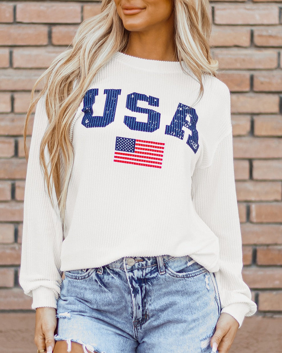 USA Flag Corded Crewneck Sweatshirt