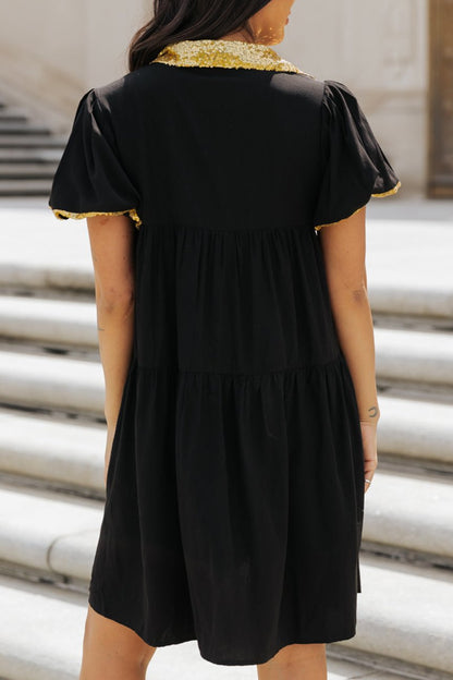 Sequin Trim Bubble Sleeve Shirt Dress