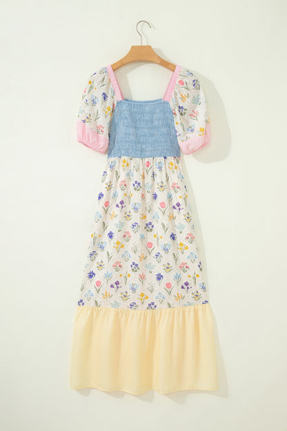 Floral Stripe Colorblock Square Neck Shirred Dress