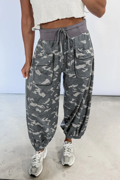 Camo Drawstring Contrast Waistband Barrel Cargo Pants