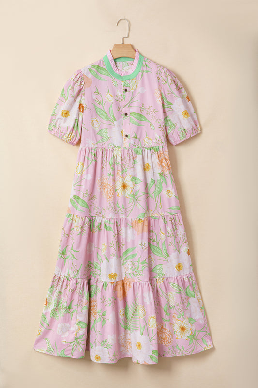 Floral Puff Sleeve Ruffle Tiered Maxi Dress