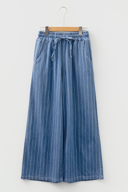 Stripe Chambray Tied Elastic Waist Trousers