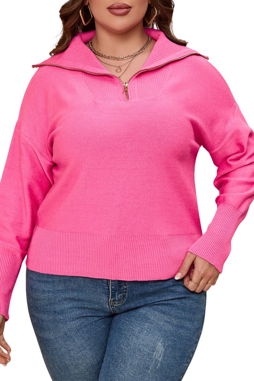 Plus Size Ribbed Trim Zip Collar Sweater